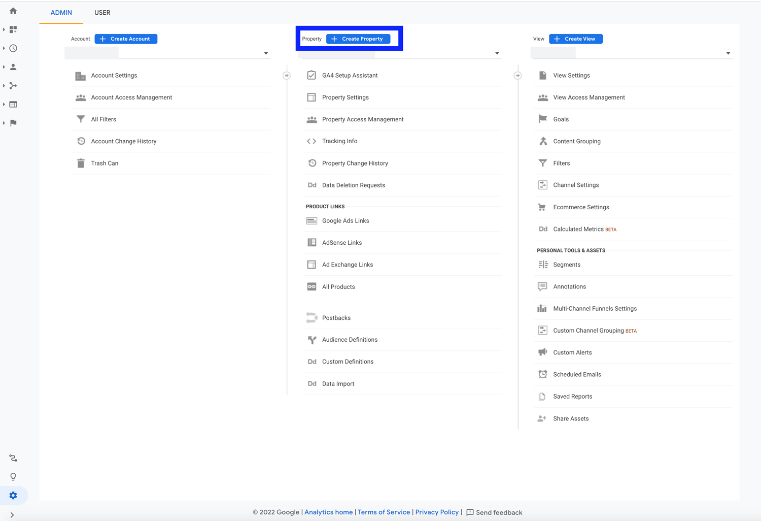 Google Analytics Create Property